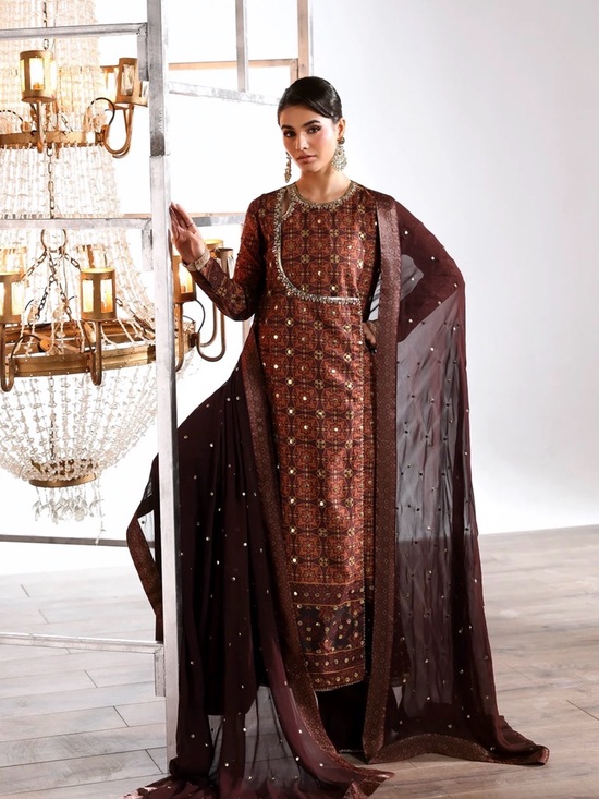 Vanya Dresses & Skirts - Embellished Maroon Long Dress with Sheer Dupatta